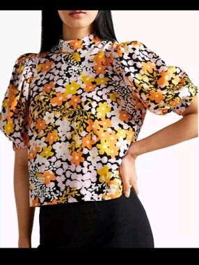 Ted Baker Ivoyne Floral Puffy Sleeve Boxy Top Size 8 US